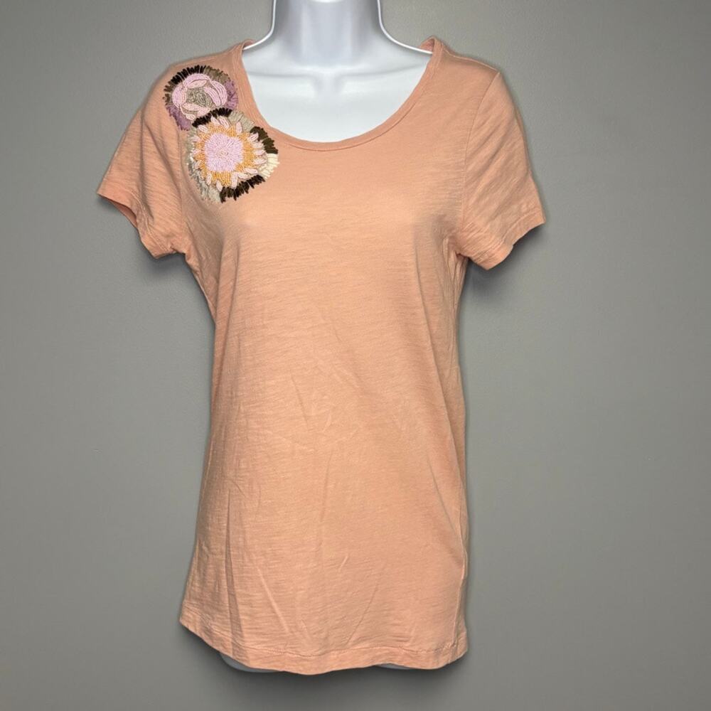 J. Crew Slim Perfect Floral Beaded Embroidered Blush Pink Long Tee Womens Sz S